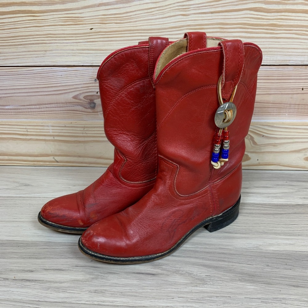 Acme Cowboy Boots Womens 4.5 B Red Leather Western Concho Beaded Tassel 4370L